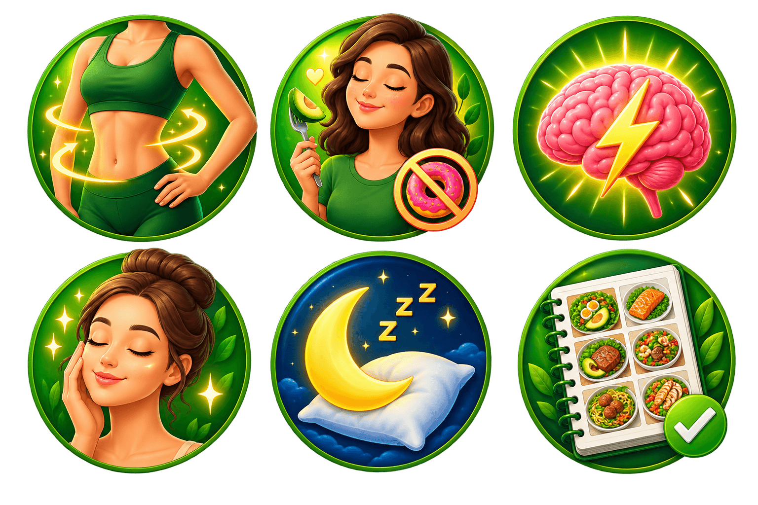 Ícones ilustrando os benefícios da dieta cetogênica: queima de gordura, controle da fome, energia mental, pele bonita, sono profundo e cardápio variado