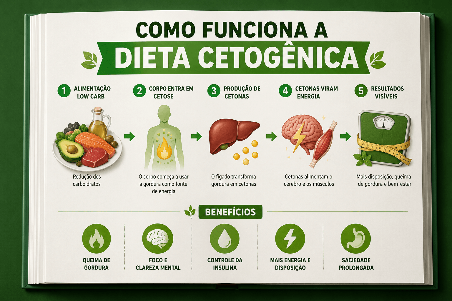 Infográfico explicando como funciona a dieta cetogênica em 5 passos