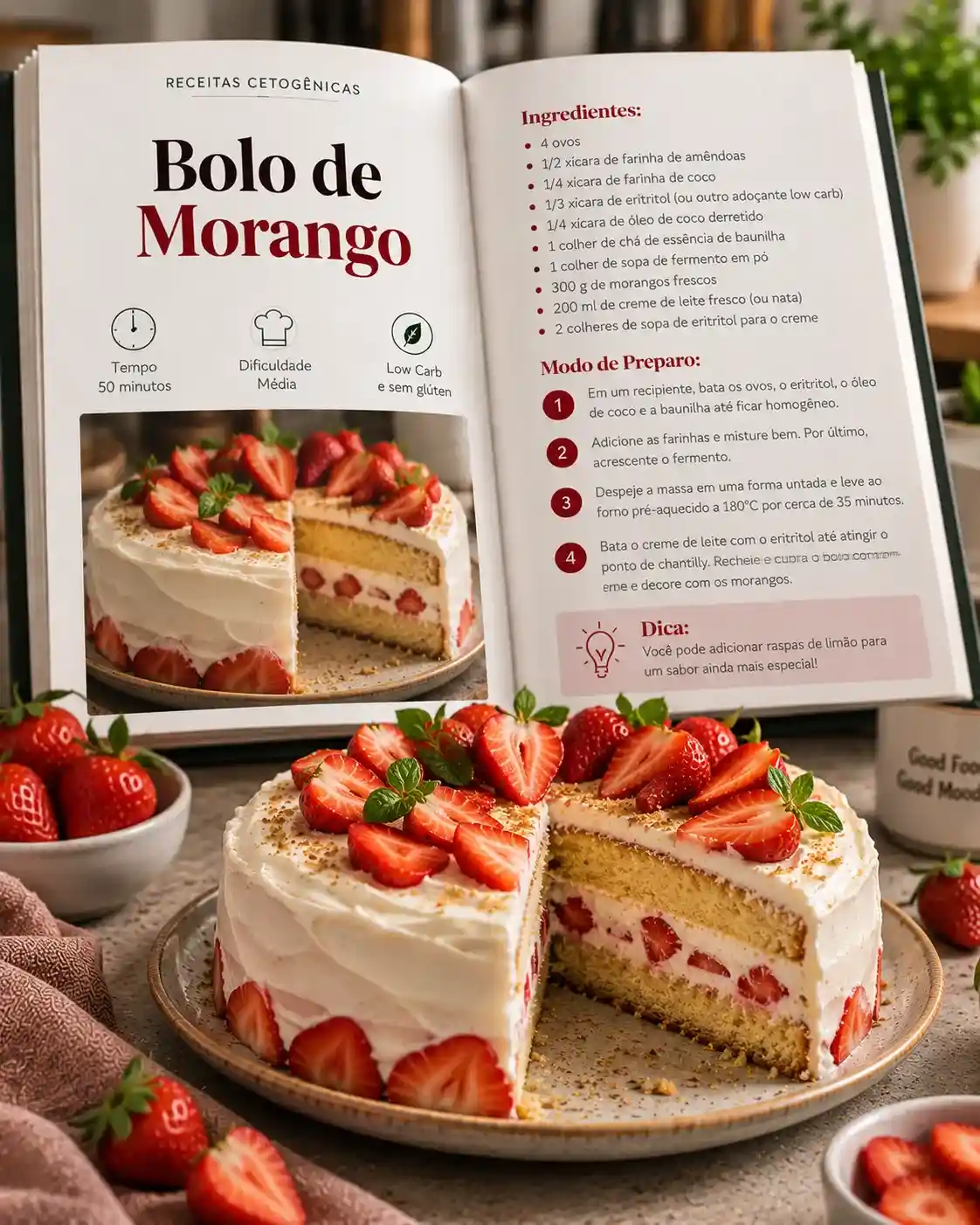 Receita de Bolo de Morango Low Carb