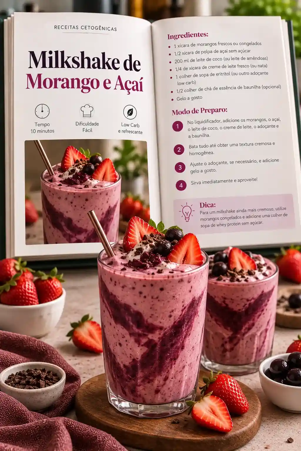 Receita de Milkshake de Morango e Açaí