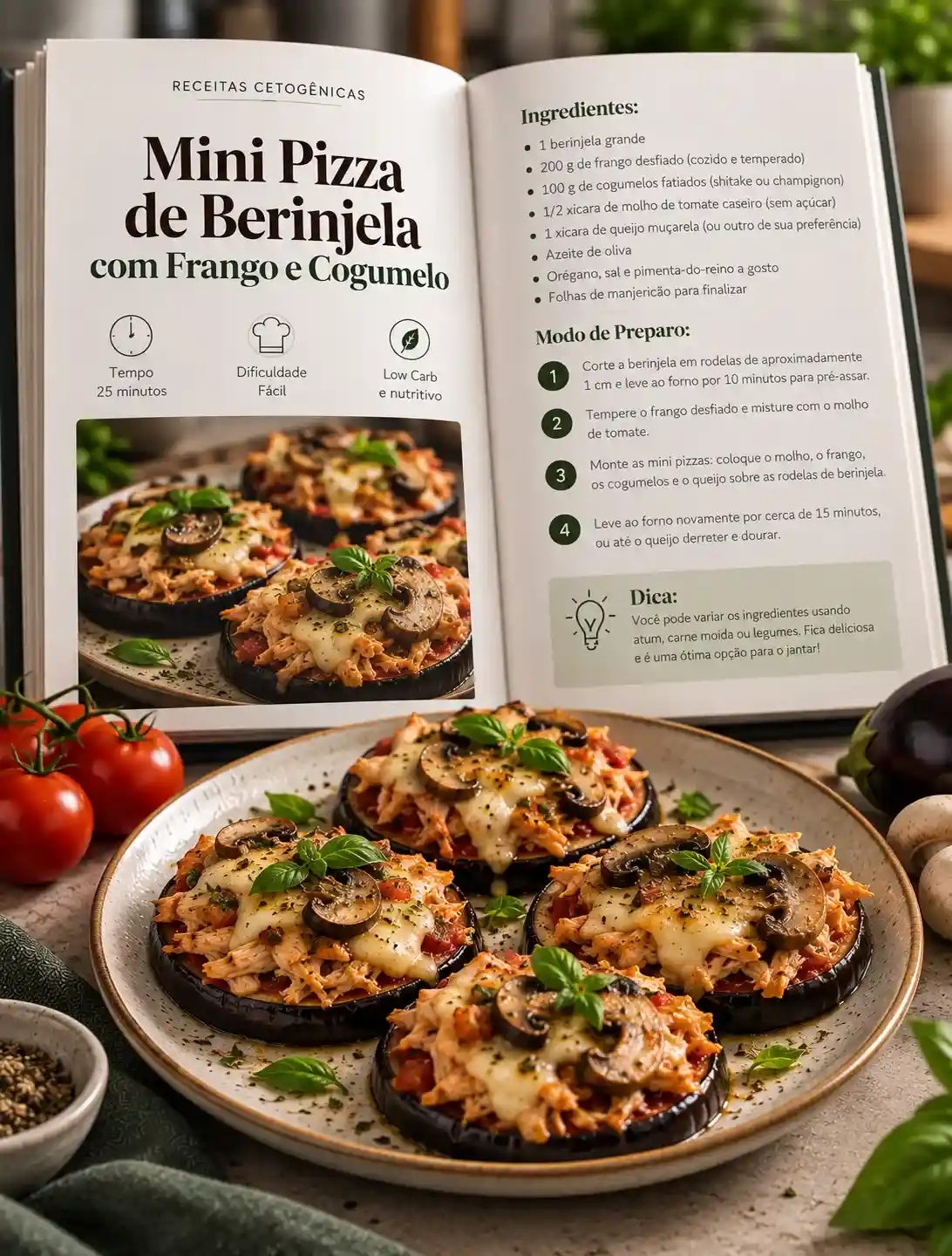 Receita de Mini Pizza de Berinjela com Frango e Cogumelo